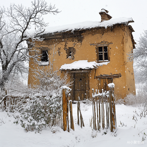 破旧农村老房子雪景中的土坯房与杂草