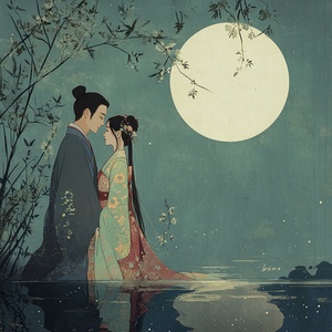 Three-dimensional ancient style, national style light and shadow, a pair of lovers dressed in hanbok, romantic date under themoonlight, Tanabata theme, dreamy andromantic atmosphere, illustration style, softcolors, details, intricate, delicate symmetry of the face ar 3:4 V 6.1