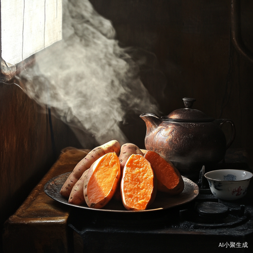 烤红薯与茶香交织的静物写实光影之美