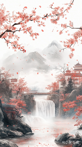 桃花源的仙境溪水潺潺风景