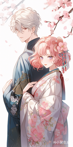 可爱动漫女孩与花裙女性微笑的卡哇伊插图