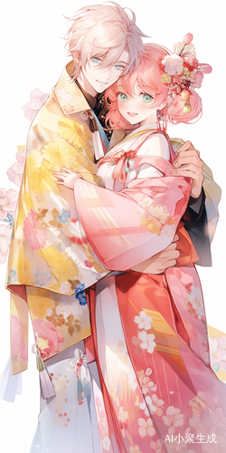 可爱动漫女孩与花裙女性微笑的卡哇伊插图