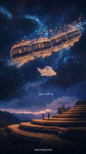 A surreal train made of light floating above rice terraces at night, with two people holding flashlights looking up at it and smiling. The sky is full of stars and galaxies. A small cloud shaped like an airplane floats next to the flying path. In front of him stands the logo "cheers artFloating Trains" in the style of high definition photography, with ultra high resolution.