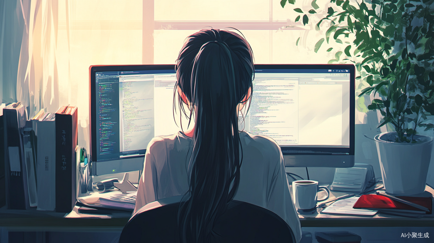黑色马尾女孩坐在电脑前工作的后视图