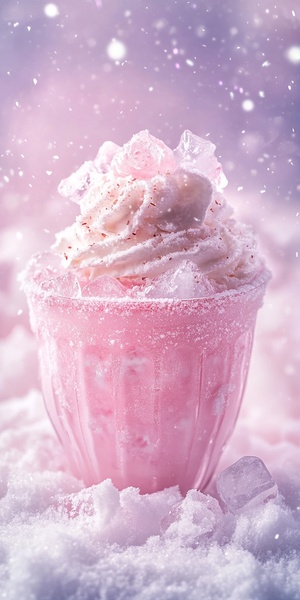 A pink cocktail in the shape of an ice cream bowl, filled with white foam and ice cubes, placed on top of soft snowflakes, surrounded by a light purple background in a close-up shot with a dreamy atmosphere in the macro photography style at high resolution with a surreal concept and detailed texture.