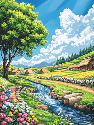 一幅卡通风格的插画描绘了一个宁静的乡村场景,有绿色的草地、蓝色的天空和白色的云朵,河边有一些小屋,一座大房子前有一棵大树,一条蜿蜒的小溪穿过这片风景,河岸两旁盛开着五彩缤纷的花朵,道路两边排列着石墙。这幅艺术作品应该捕捉到一种静谧和美丽的氛围,突出构成农村生活的自然元素。卡通风格插画。