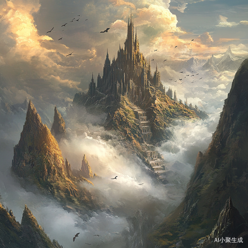 云雾缭绕的高塔与山峦飞鸟共舞