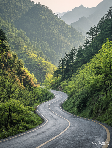 温暖阳光下的蜿蜒公路与远方森林