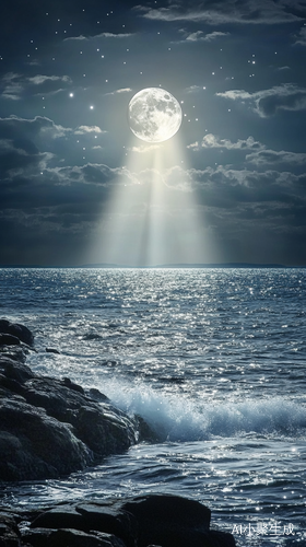 夜晚大海波光粼粼圆月照耀海面