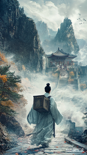 古寺山路书生艰难前行