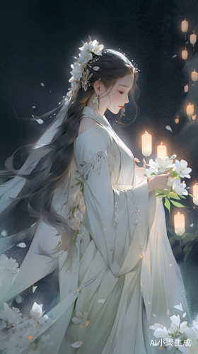 月光下白衣女子祈祷仙女风格与白花盛开