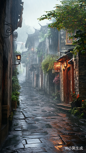 烟雨笼罩的江南小巷风情