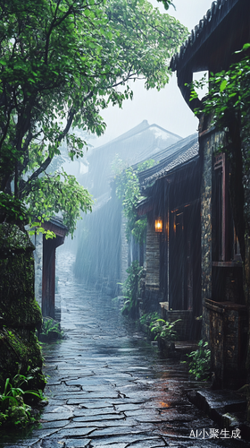 烟雨笼罩的江南小巷风情
