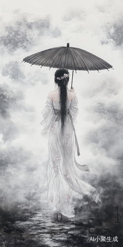 黑发黑眸的东方美人伞下行走在烟雨江南