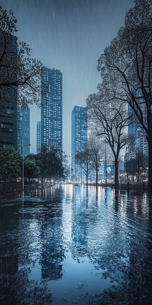 下雨天，细密的雨滴在街道上跳跃，浑浊的积水中倒映出闪电的耀眼光芒，高耸的建筑在闪电瞬间被照亮，乌云密布，给人一种压迫感，远处的树木随风摇摆，周围投射出梦幻般的蓝色与银白色光线。