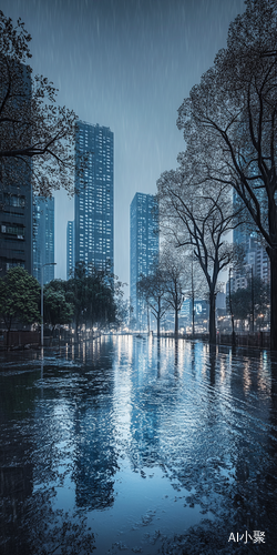 雨天闪电下的梦幻城市景象