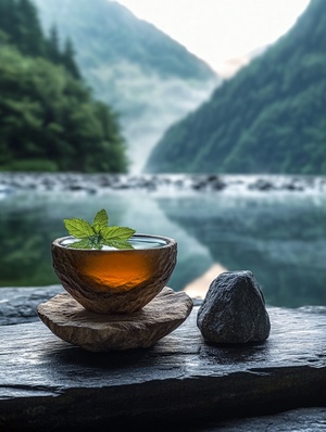 A cup carved from rock with amber tea with a mint floating on the surface of the tea, and a tea caddy made of rock in a rough original style, an ancient wooden table, fine details, realistic, with a mountain stream and lake in the background, photographer Nori Inoguchi, ambient lighting, best quality, masterpiece，ar3∶4，v6