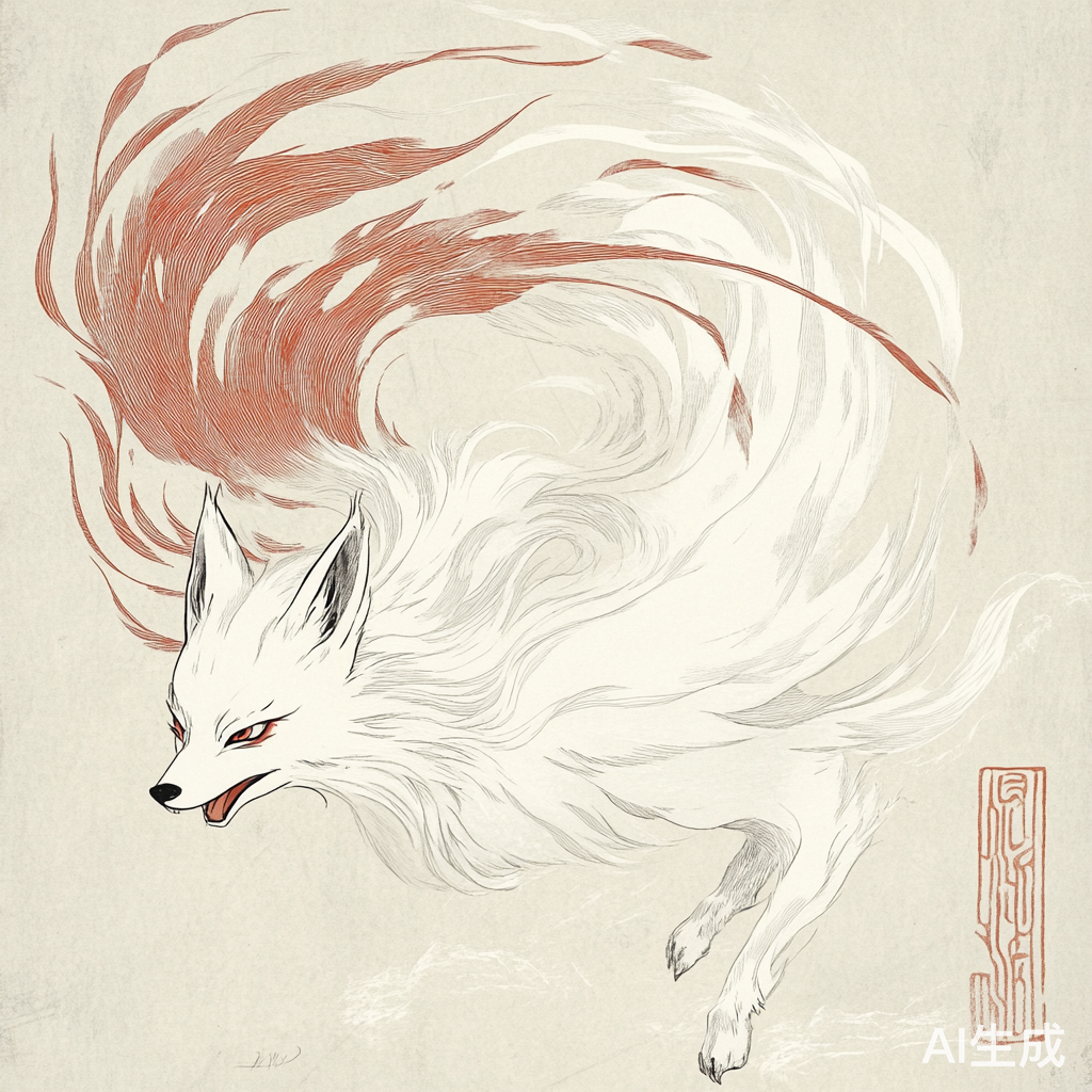 山海经九尾狐白色狐狸传统纹路淡彩插画
