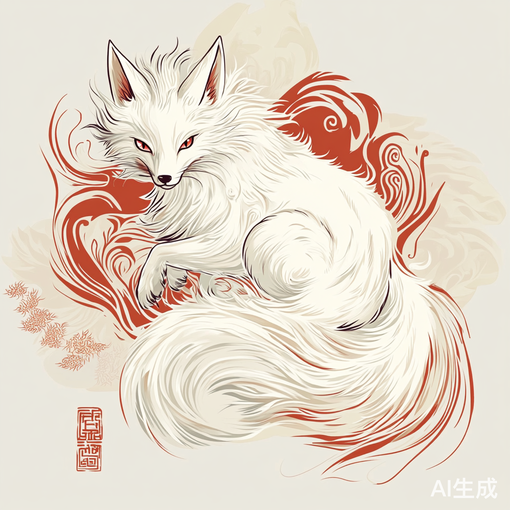 山海经九尾狐白色狐狸传统纹路淡彩插画