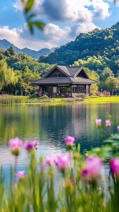 清澈的湖面，湖边有绿色的草地，草地上有各种鲜花，旁边有个小房子，后面有一些绿色的树和丛林，天气蓝天白云，高清画质，写实，摄影图