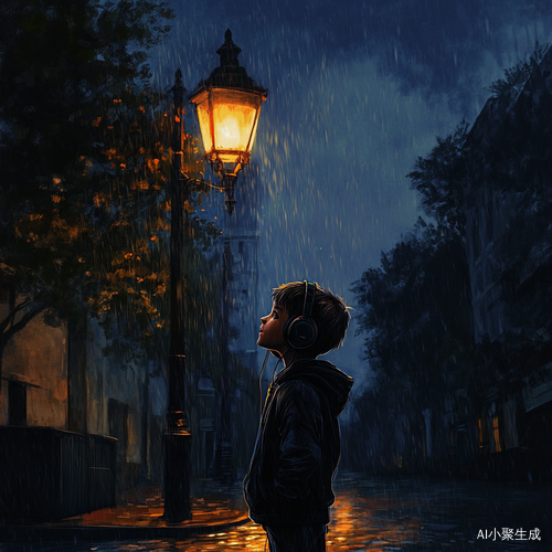 雨夜路灯下的男孩与耳机