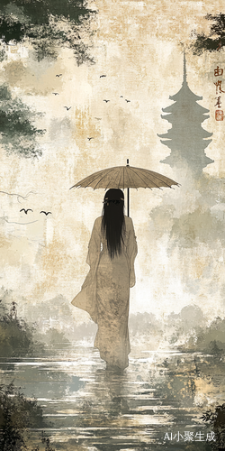 黑发黑眸旗袍美人漫步烟雨江南