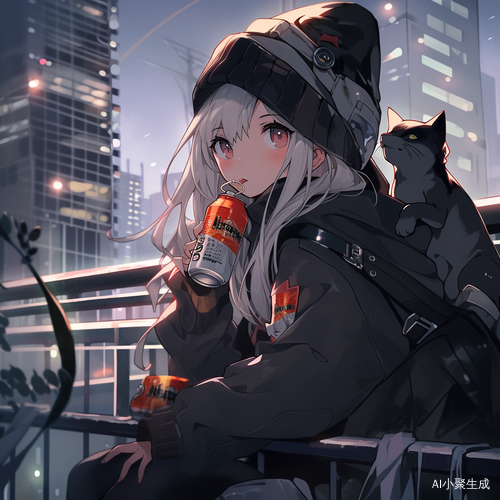 可爱猫咪女孩穿黑裙手持啤酒眺望城市