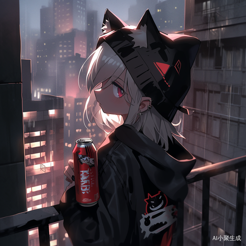可爱猫咪女孩穿黑裙手持啤酒眺望城市