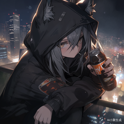 可爱猫咪女孩穿黑裙手持啤酒眺望城市