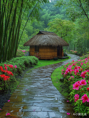 Rainy Day in a Bamboo Forest Cottage Surrounded by Blooming Flowers