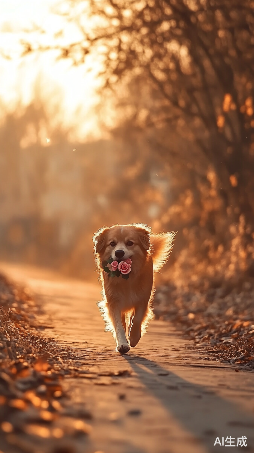 可爱狗狗叼玫瑰在浪漫爱心大道上走来