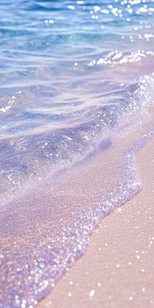 a white beach with crystal clear water,glittering and sparkling, light blue waves on the sea, light pink sand in the background, anime style, simple illustration, flat design, digital art, shiny and glossy, detailed, high resolution, sharp focus, high details, intricate details, masterpiece, best quality, high definition