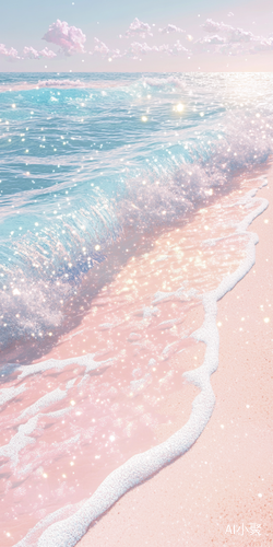 Anime Style White Beach with Crystal Clear Water and Light Pink Sand