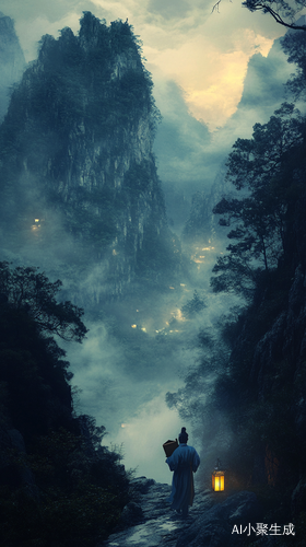 夜晚书生提灯赶路山林雾气弥漫