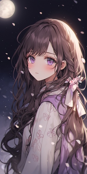 In Gakuen anime style, A girl with long brown curly hair, black eyes, delicate and clear facial features, clean face, luminous skin, white floral top, light purple skirt, starry sky, moon, street scenery, seven-split lens, Morandi color system, soft light