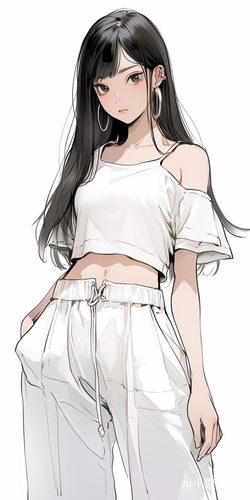 黑发黑眼白衣白裤的瓜子脸女孩