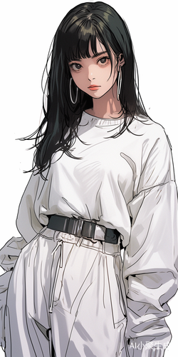 黑发黑眼白衣白裤的瓜子脸女孩