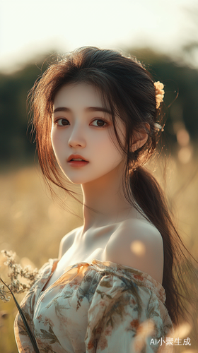 年轻中国女孩穿露肩蕾丝裙在草坪上站立