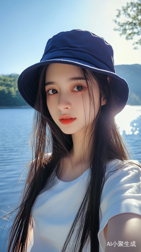 Asian Girl Taking Selfie by Lake in Joyful Atmosphere