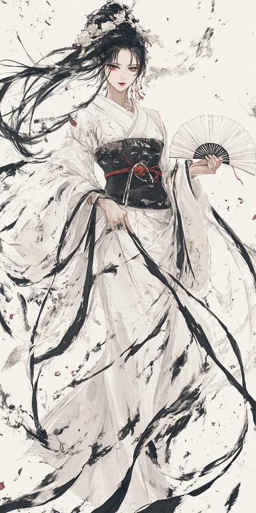 shiranui mai,Kinu_Nishimura_Capcom_Style, splattered out effect, holding a Japanese fan in the right hand, white twine tied at the waist, twine knotted at the back, leaving two long ropes trailing behind, two long ropes with white tails at the root，采用漫画写实风格。