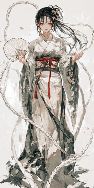 shiranui mai,Kinu_Nishimura_Capcom_Style, splattered out effect, holding a Japanese fan in the right hand, white twine tied at the waist, twine knotted at the back, leaving two long ropes trailing behind, two long ropes with white tails at the root，采用漫画写实风格。