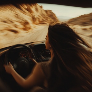 emily driving downhill through desert, 4k, cinematic, fluid motion