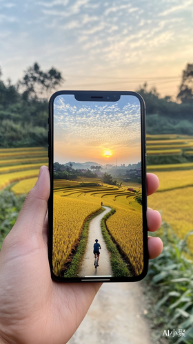 美丽田园风景与骑行日出瞬间的iPhone展示