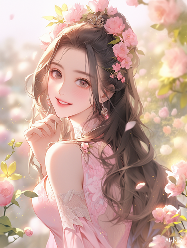 A Beautiful Chinese Girl Dancing in a Field of Flowers in a Romantic Atmosphere