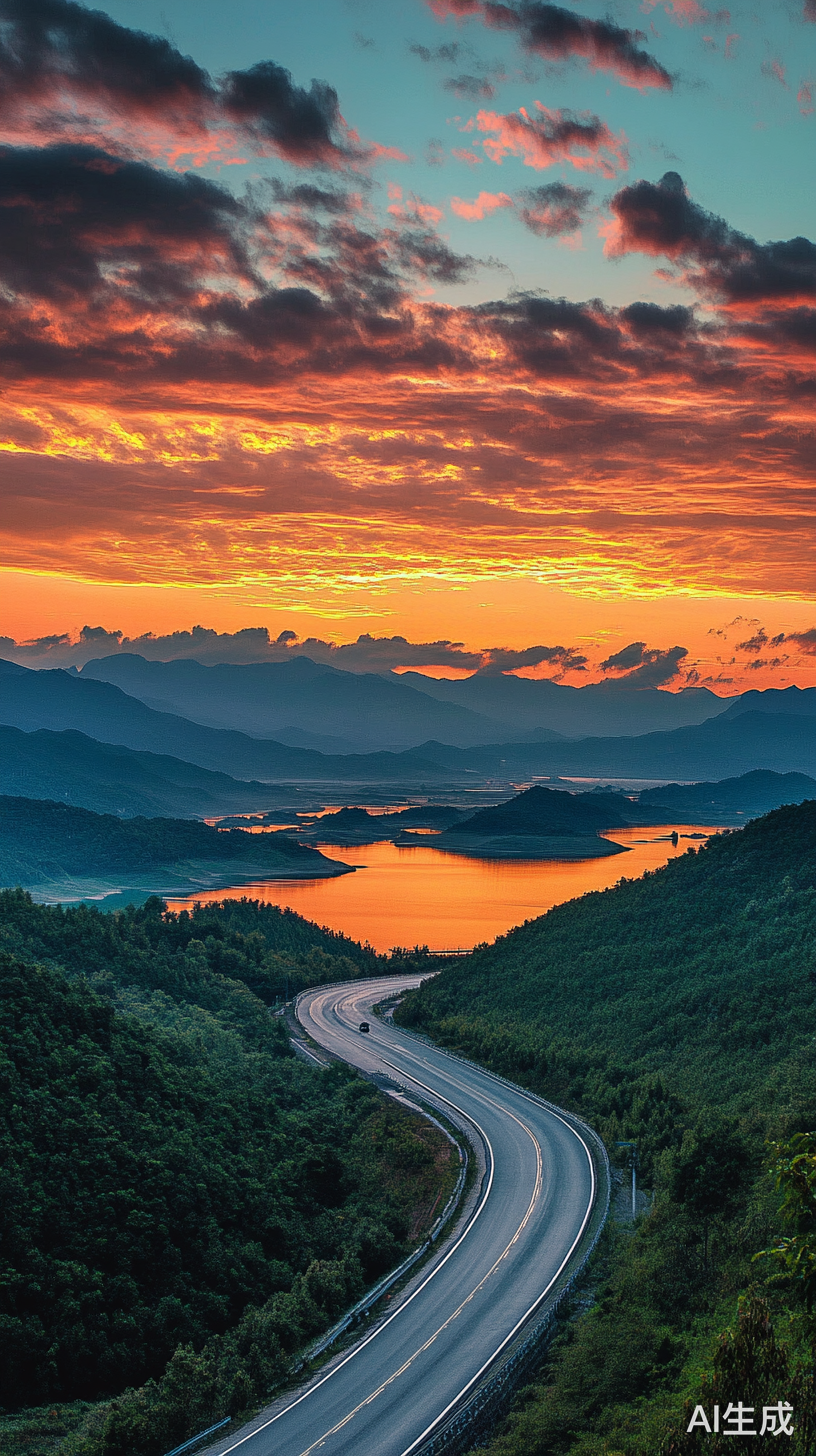 傍晚夕阳下公路湖面的晚霞与云彩