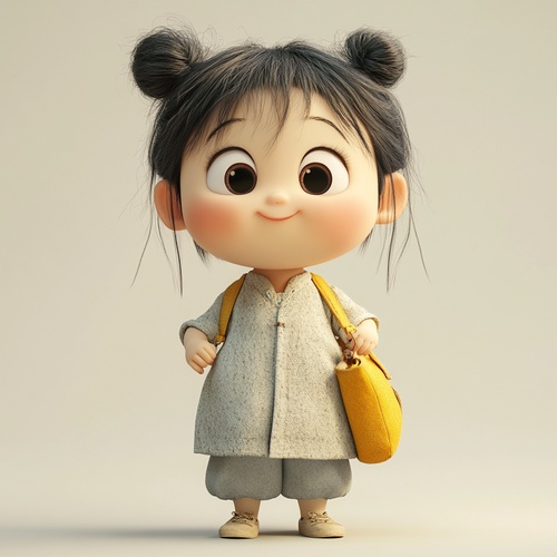 A cute 3 year old Chinese girl with a big head and a small body, her hair is fluffy andmessy tied in a pill head, big eyes, one eye blinking, doe mouth, playful and cute, wearing a long cotton and linen embroidered shaft, a pair of grey cotton and linen straight legged pants, a yellow shoulder bag, striding forward, 3D, illustration ar 9:16stylize 180 niji 6