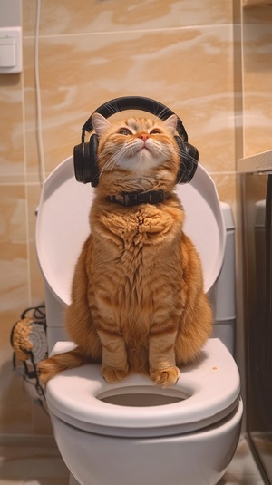 猫咪马桶上拉屎吃饼干耳机听音乐