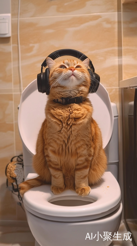 猫咪马桶上拉屎吃饼干耳机听音乐