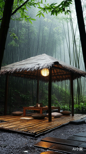 雨中竹林小屋的惬意茶时光