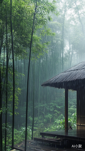 雨中竹林小屋的惬意茶时光